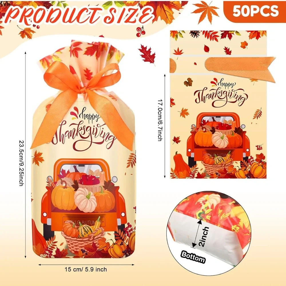 50 Thanksgiving and Fall Themed Gift Bags Plastic with Drawstring - Picture 5 of 5